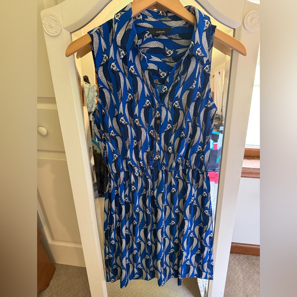 Alfani Parrot Print Blue White Black Shirt Dress SZ 8
